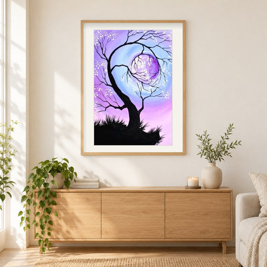 Kirschbaum hält den Mittag als gerahmtes Diamond Painting im Wohnzimmer