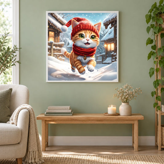 Kätzchen im Weihnachtskostüm als gerahmtes Diamond Painting im Wohnzimmer