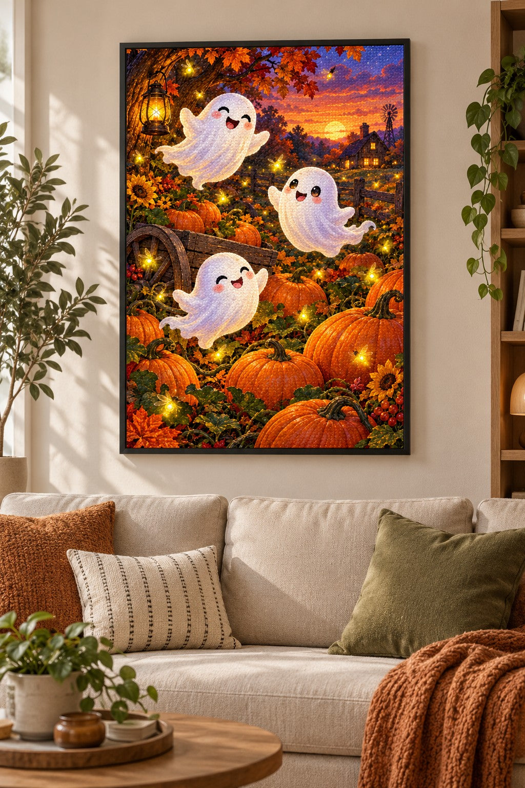 Kleine Gespenster im Kürbisfeld Diamond Painting als gerahmtes Diamond Painting im Wohnzimmer