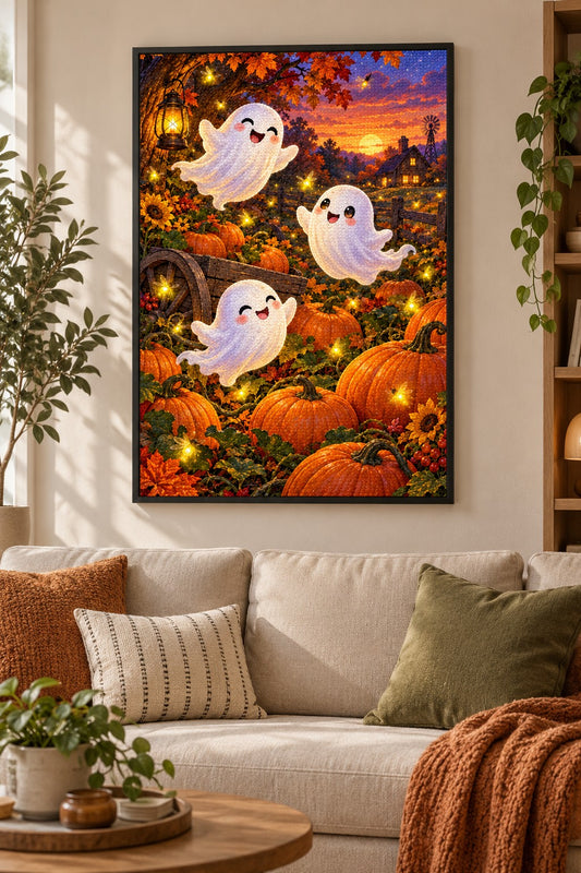 Kleine Gespenster im Kürbisfeld Diamond Painting als gerahmtes Diamond Painting im Wohnzimmer