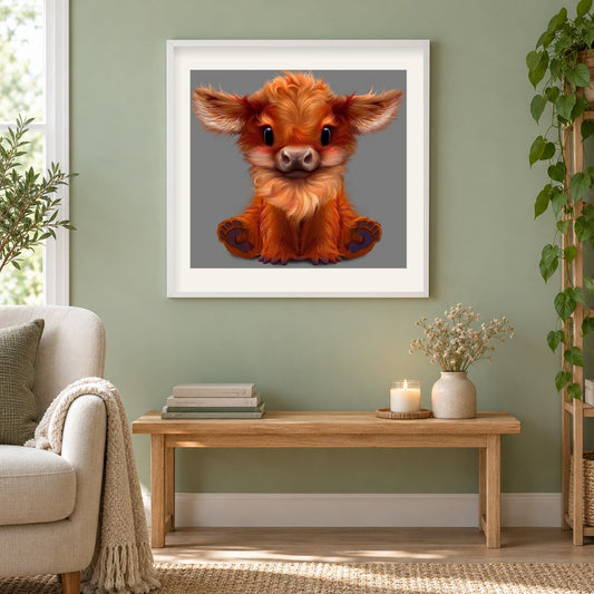 Kleines Cartoon-Vieh als gerahmtes Diamond Painting im Wohnzimmer