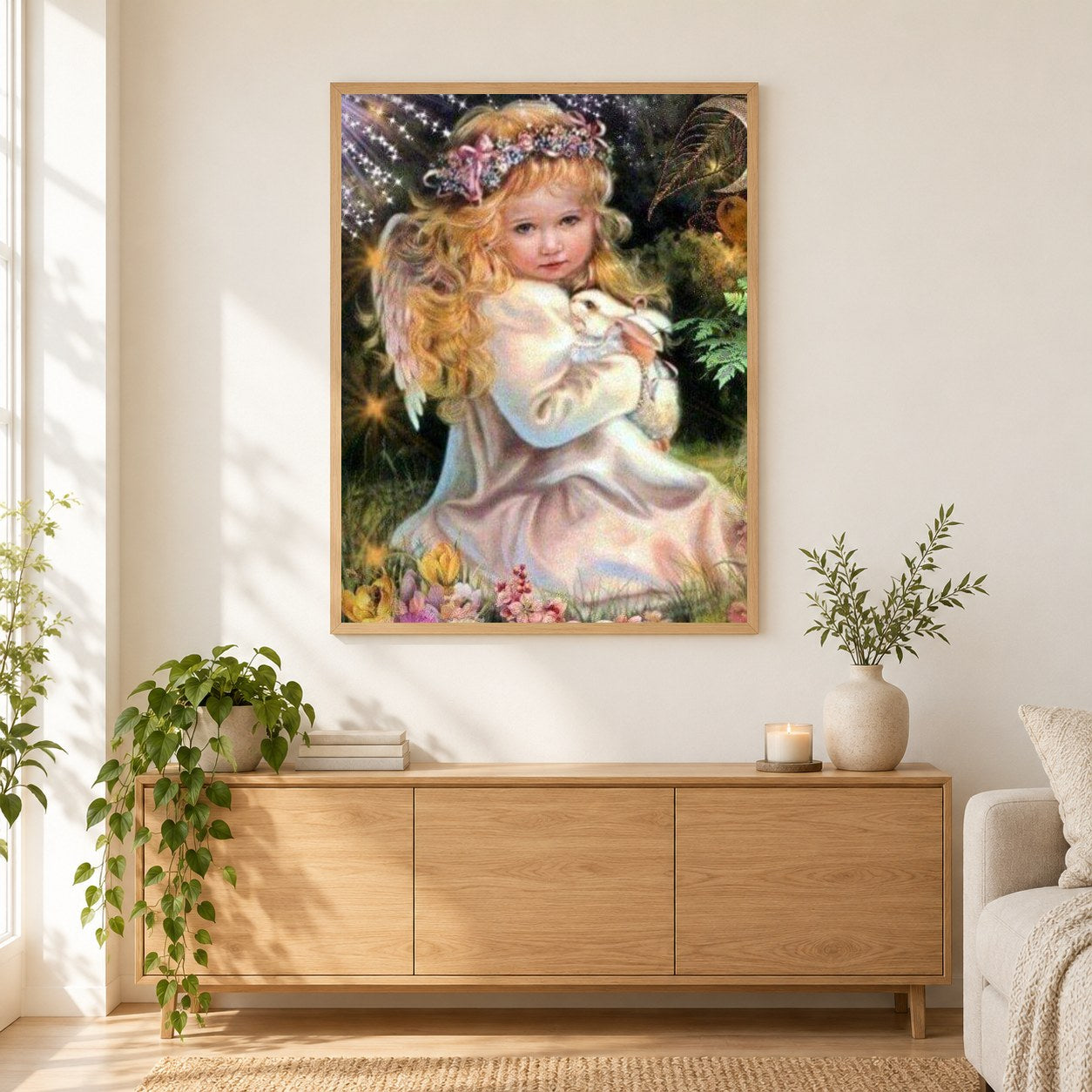Kleines Engelsmädchen mit Kaninchen als gerahmtes Diamond Painting im Wohnzimmer