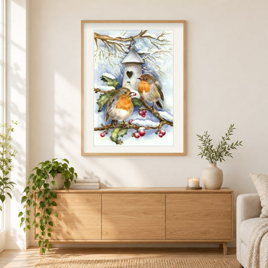 Kleines Haus der Schneevögel als gerahmtes Diamond Painting im Wohnzimmer