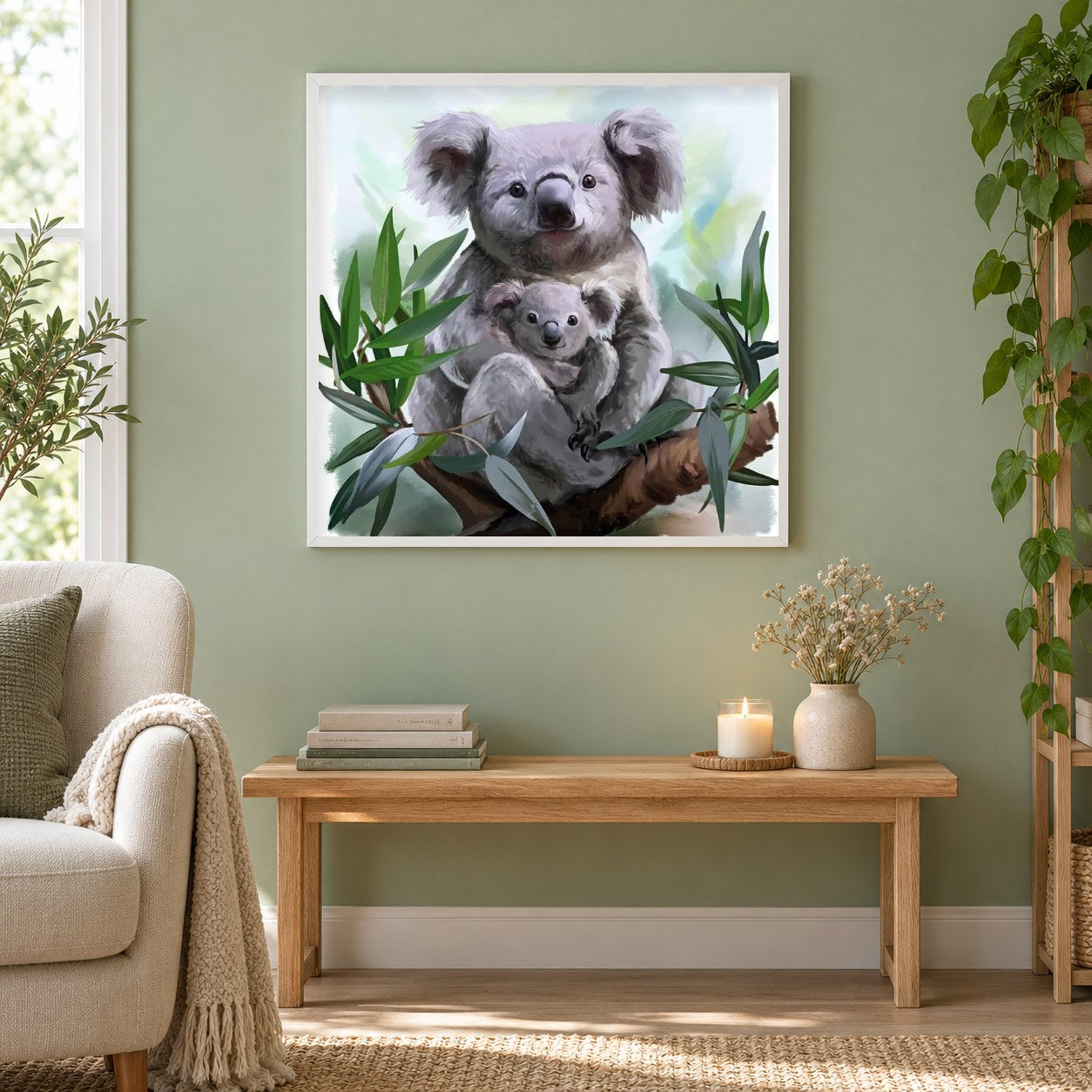 Koalabär mit Baby als gerahmtes Diamond Painting im Wohnzimmer