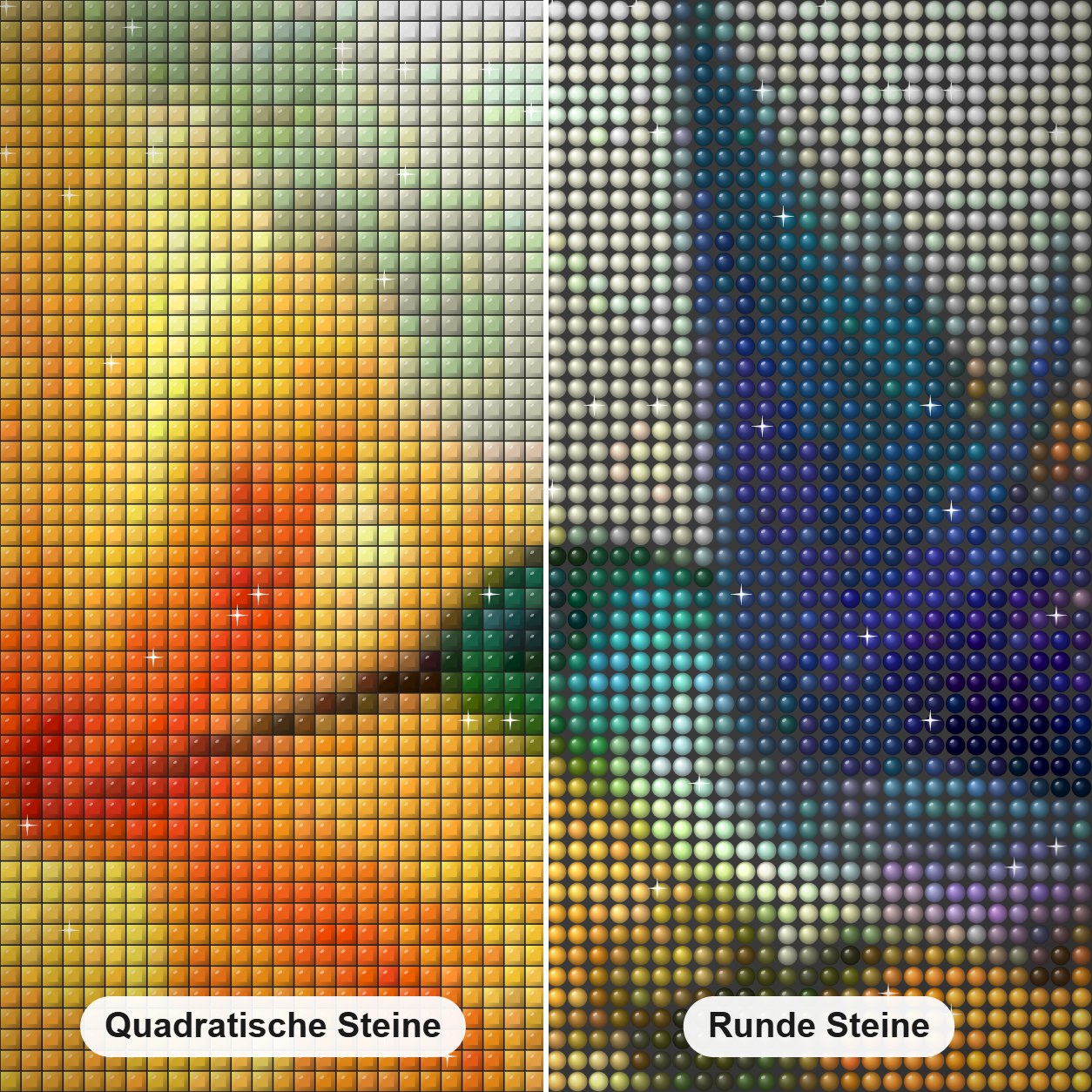 Kolibri Diamond Painting Nahaufnahme mit quadratischen und runden Steinen