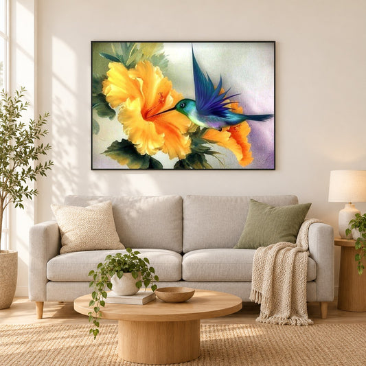 Kolibri als gerahmtes Diamond Painting im Wohnzimmer