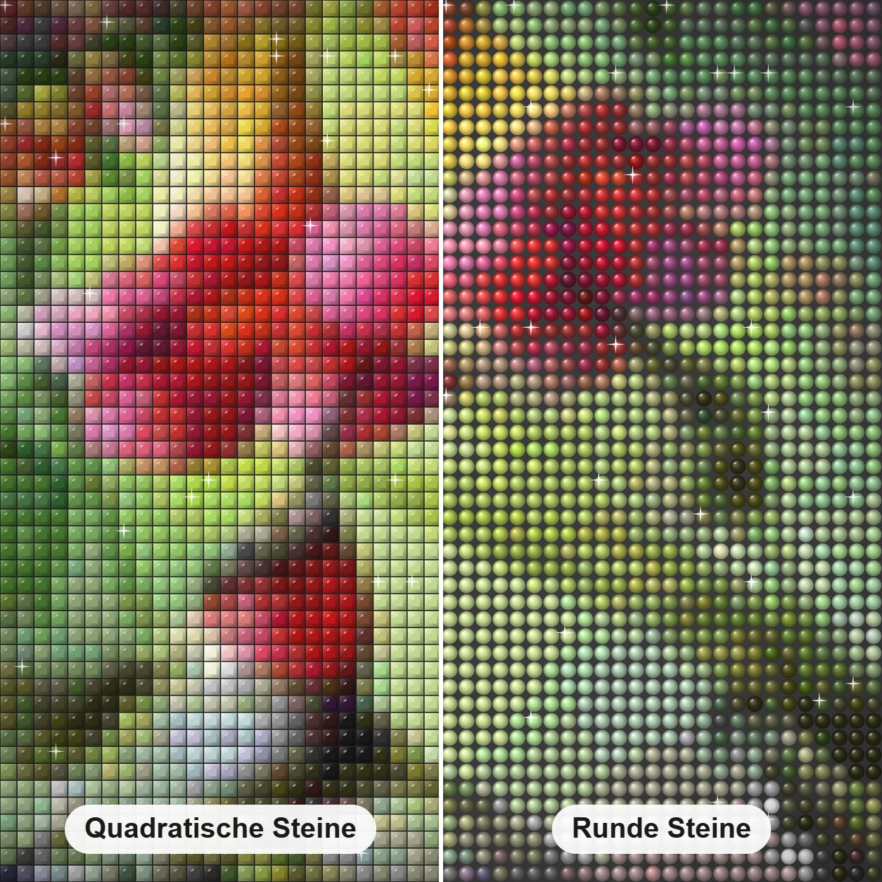 Kolibris die Blumennektar trinken Diamond Painting Nahaufnahme mit quadratischen und runden Steinen