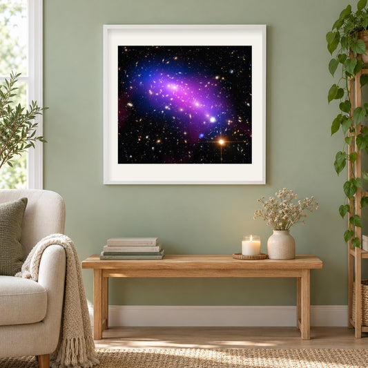 Kosmisches Kaleidoskop als gerahmtes Diamond Painting im Wohnzimmer
