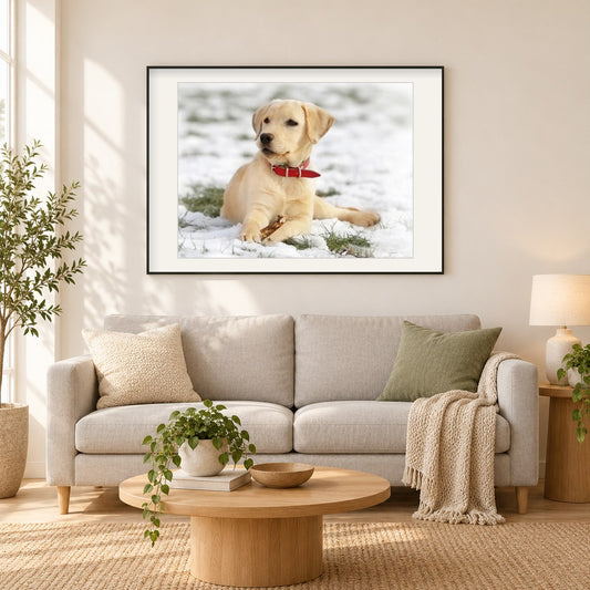 Labrador Welpe im Schnee als gerahmtes Diamond Painting im Wohnzimmer