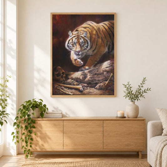 Versteck des Menschenfressers - Kunst des Eric Wilson als gerahmtes Diamond Painting im Wohnzimmer