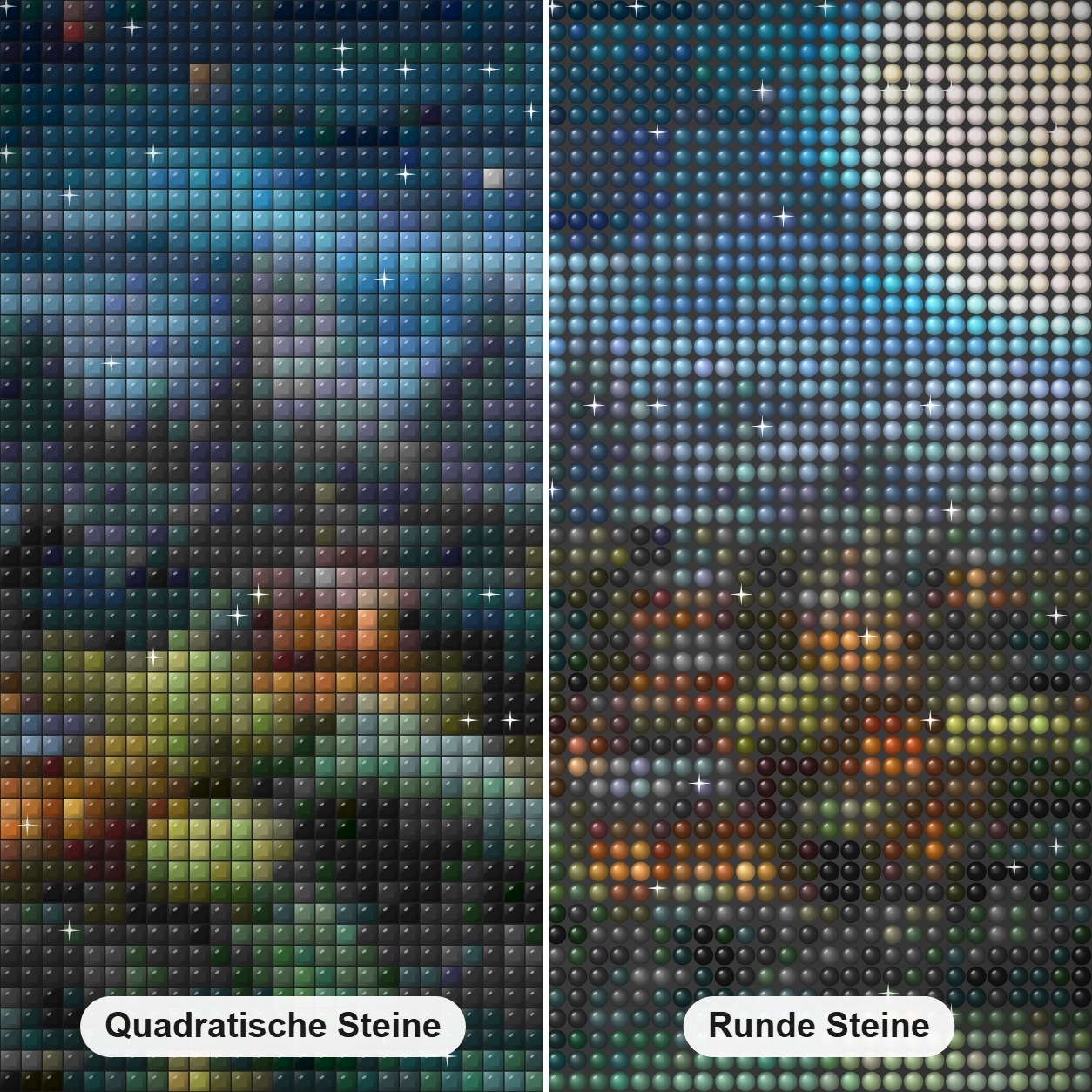 Seeseitenansicht mit Mond Diamond Painting Nahaufnahme mit quadratischen und runden Steinen