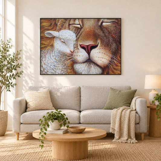 Lamm & Löwe als gerahmtes Diamond Painting im Wohnzimmer
