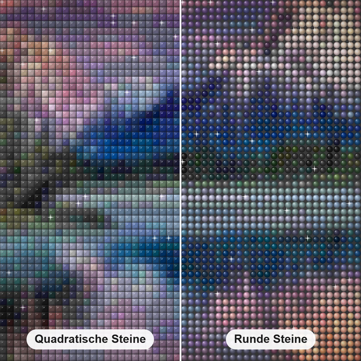 Landschaft voll Diamant Diamond Painting Nahaufnahme mit quadratischen und runden Steinen