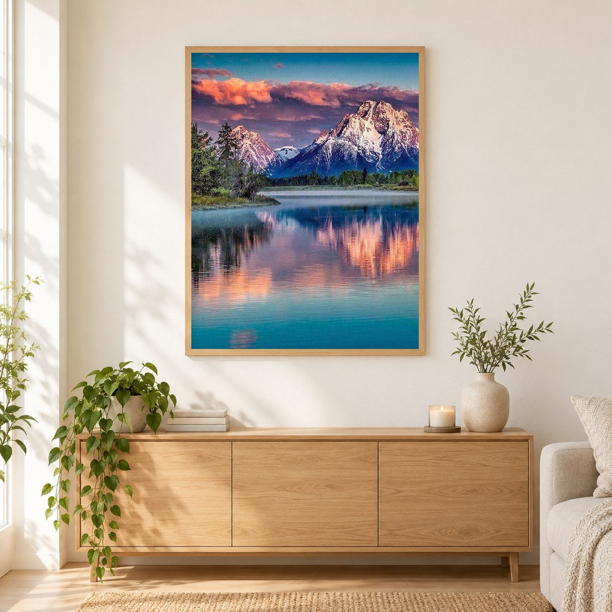 Landschaft voll Diamant als gerahmtes Diamond Painting im Wohnzimmer