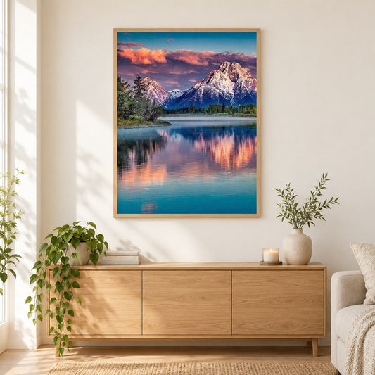 Landschaft voll Diamant als gerahmtes Diamond Painting im Wohnzimmer