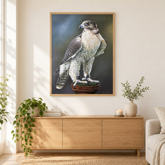 Lanner Falke - Kunst des Eric Wilson als gerahmtes Diamond Painting im Wohnzimmer