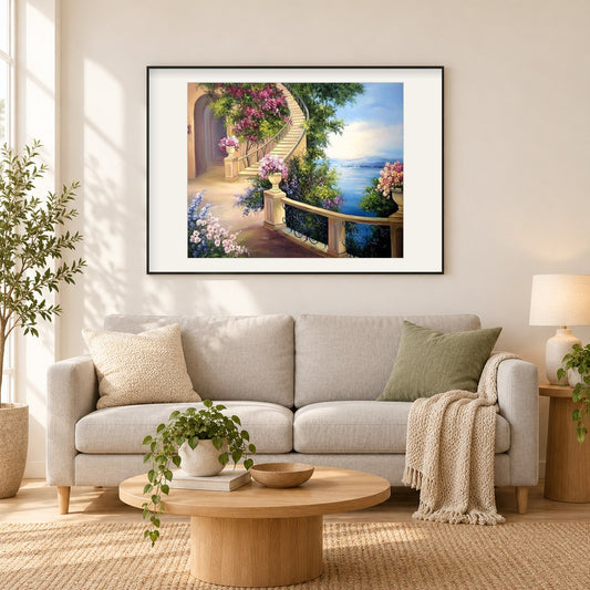 Leichte Villa am Meer Treppe als gerahmtes Diamond Painting im Wohnzimmer