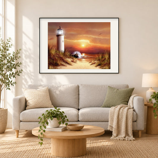 Leuchtturm und Sonnenuntergang Blick als gerahmtes Diamond Painting im Wohnzimmer