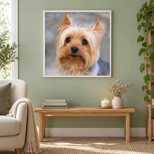 Lhasa Apso als gerahmtes Diamond Painting im Wohnzimmer