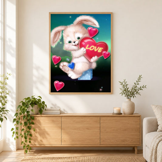 Liebeshase als gerahmtes Diamond Painting im Wohnzimmer