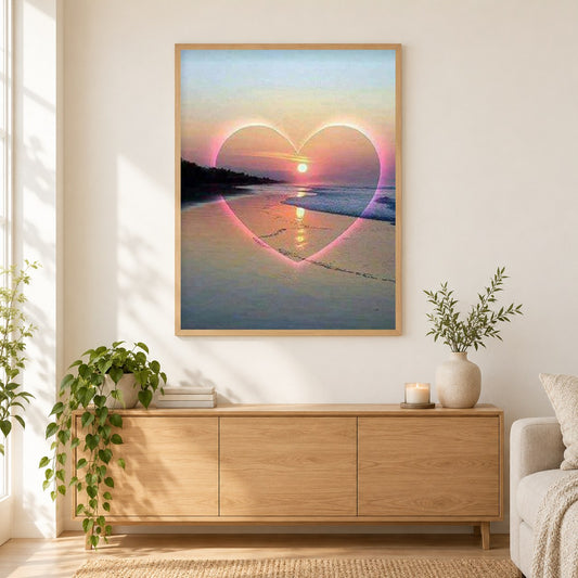 Liebesstrand als gerahmtes Diamond Painting im Wohnzimmer
