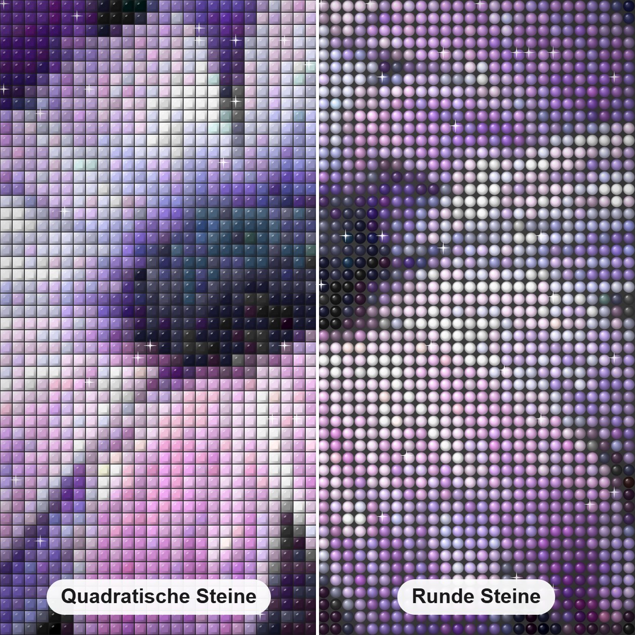 Lila Blumen Diamond Painting Nahaufnahme mit quadratischen und runden Steinen