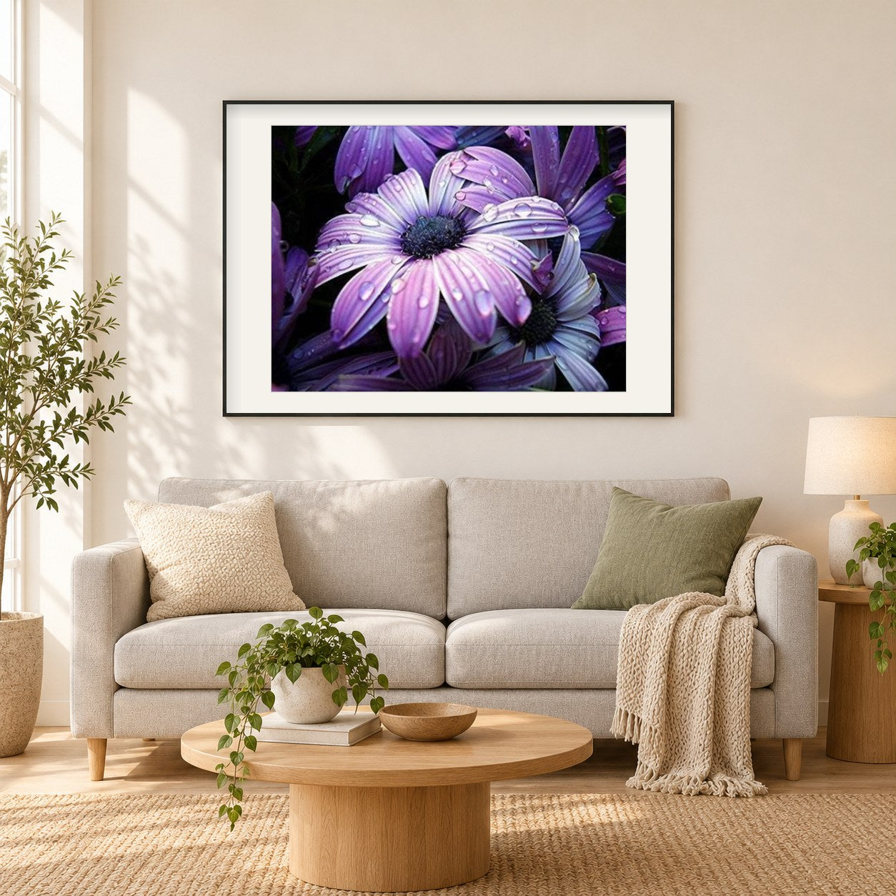 Lila Blumen als gerahmtes Diamond Painting im Wohnzimmer