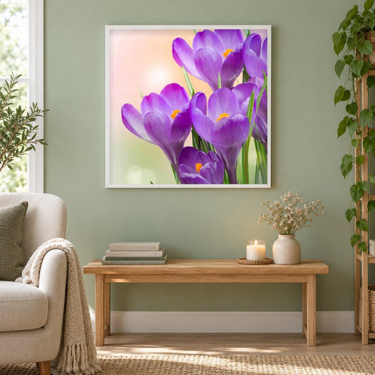 Lila Blumenschönheit als gerahmtes Diamond Painting im Wohnzimmer