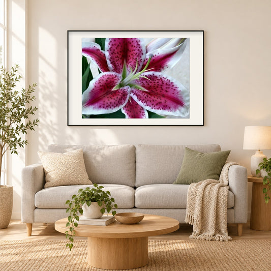 Lily Nahaufnahme als gerahmtes Diamond Painting im Wohnzimmer