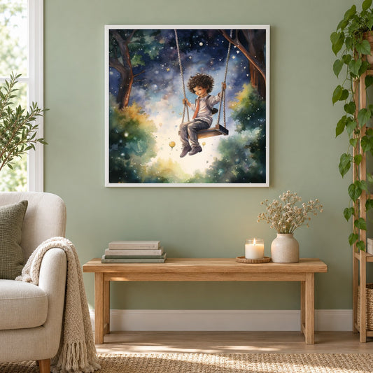 Kleiner Junge genießt Swing - Diamantkunst als gerahmtes Diamond Painting im Wohnzimmer