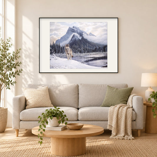 Einsamer Wolf - Kunst des Eric Wilson als gerahmtes Diamond Painting im Wohnzimmer
