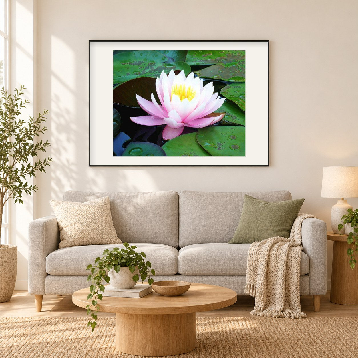 Lotusblume als gerahmtes Diamond Painting im Wohnzimmer