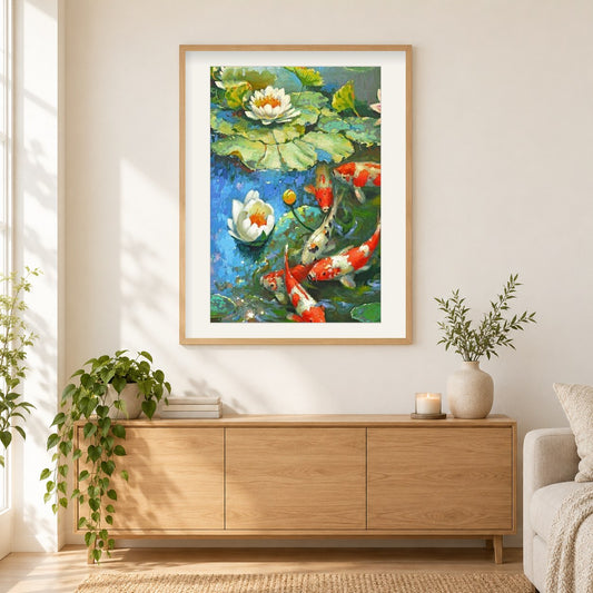 Lotusblume & Koi Fisch als gerahmtes Diamond Painting im Wohnzimmer