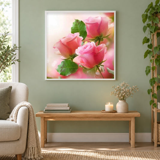 Lovely Pink Roses als gerahmtes Diamond Painting im Wohnzimmer