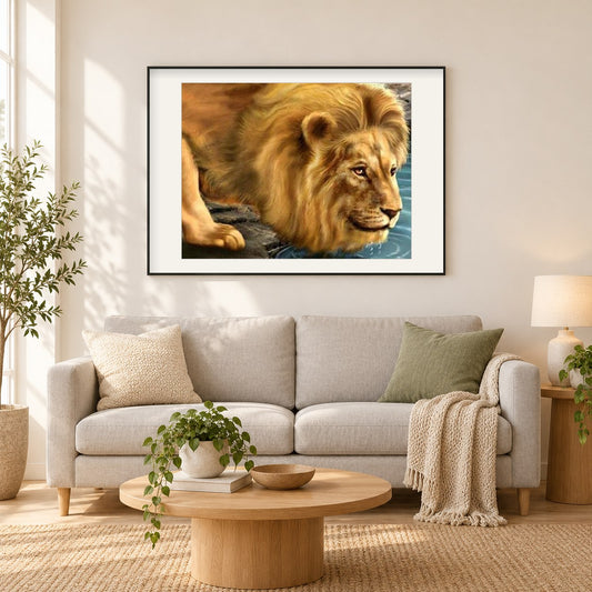 Löwen Trinkwasser. als gerahmtes Diamond Painting im Wohnzimmer