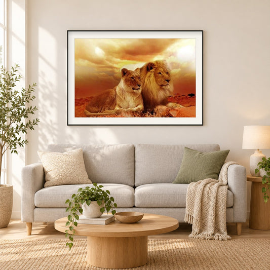 Löwenpaar in der Wüste als gerahmtes Diamond Painting im Wohnzimmer