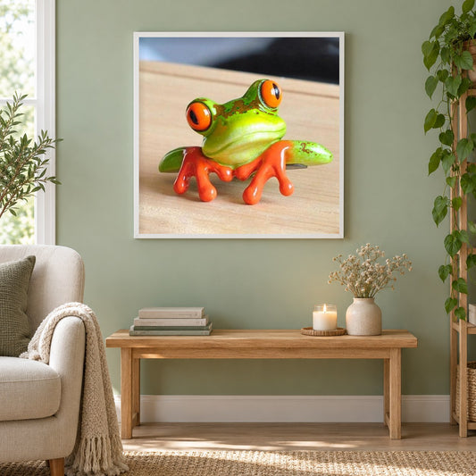 Lustiges Frosch als gerahmtes Diamond Painting im Wohnzimmer
