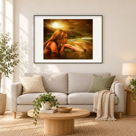 Mädchen, das den Delphin küsst als gerahmtes Diamond Painting im Wohnzimmer