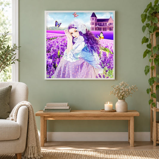 Mädchen sitzt in Lavendel Blumen als gerahmtes Diamond Painting im Wohnzimmer