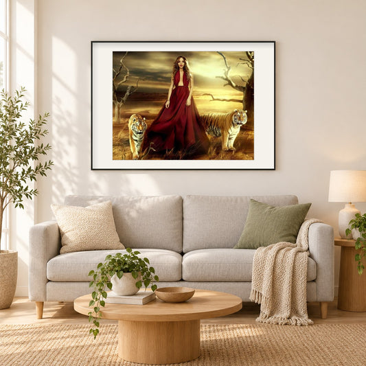 Mädchen & Tigern als gerahmtes Diamond Painting im Wohnzimmer