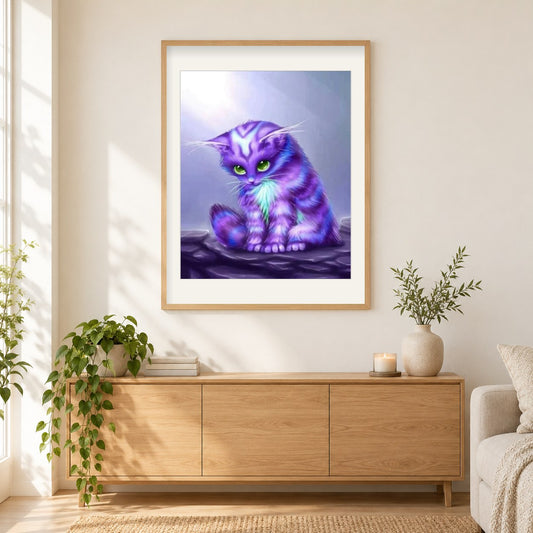 Magische Katze als gerahmtes Diamond Painting im Wohnzimmer