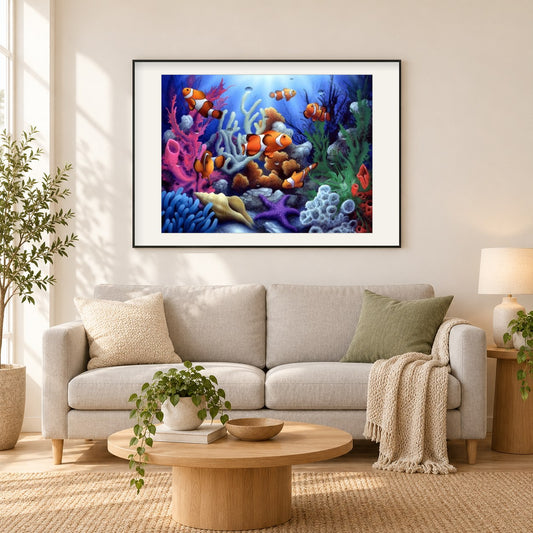 Malen von Meereslebewesen als gerahmtes Diamond Painting im Wohnzimmer