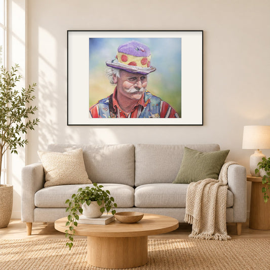 Mann in einem lustigen Hut - Kunst des Eric Wilson als gerahmtes Diamond Painting im Wohnzimmer