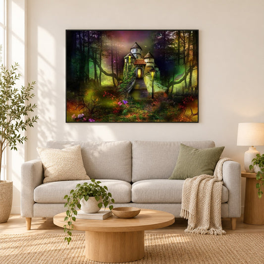 Märchenschloss in den Fantasie Wäldern als gerahmtes Diamond Painting im Wohnzimmer