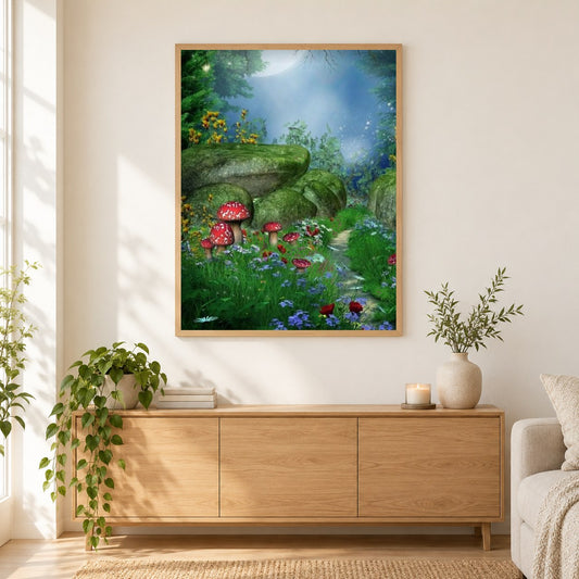 Märchenwald als gerahmtes Diamond Painting im Wohnzimmer
