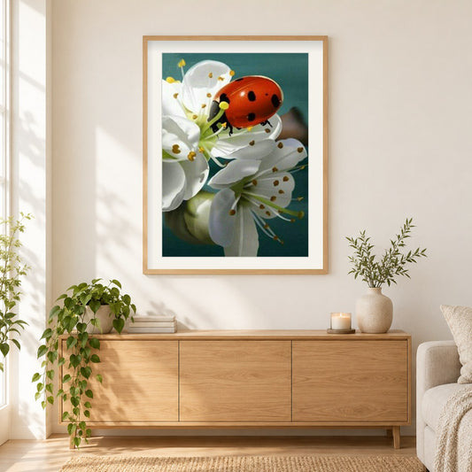 Marienkäfer & weiße Blumen als gerahmtes Diamond Painting im Wohnzimmer