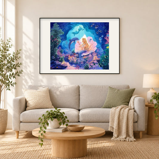 Meerjungfrau Königin & Delfine als gerahmtes Diamond Painting im Wohnzimmer