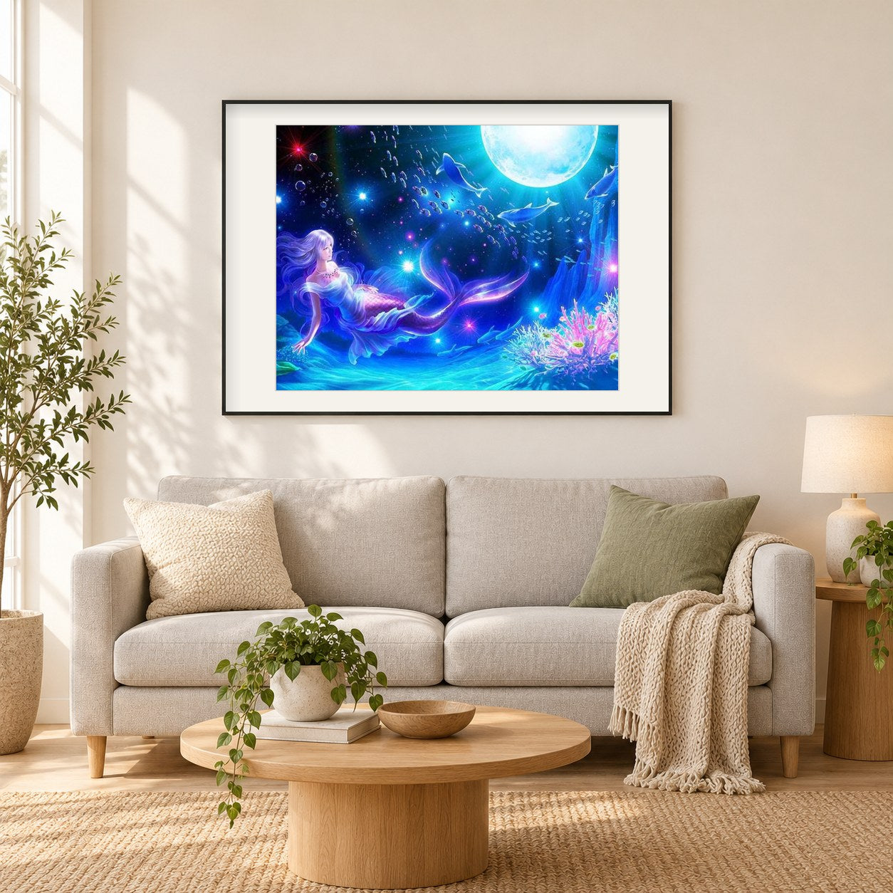 Meerjungfrau Unterwasser als gerahmtes Diamond Painting im Wohnzimmer