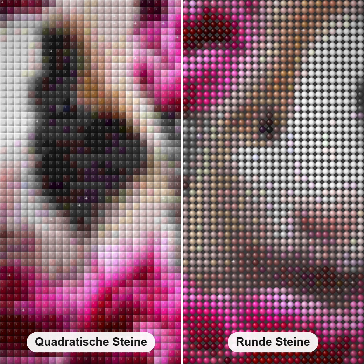 Meerschweinchen & Blumen Diamond Painting Nahaufnahme mit quadratischen und runden Steinen