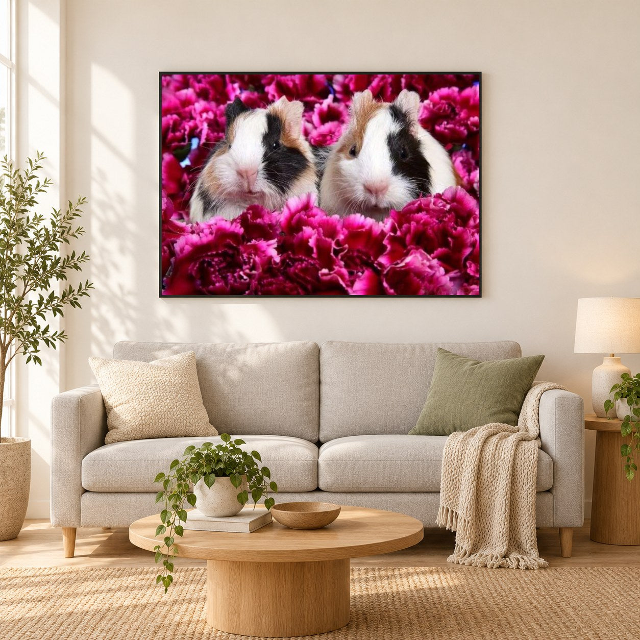 Meerschweinchen & Blumen als gerahmtes Diamond Painting im Wohnzimmer